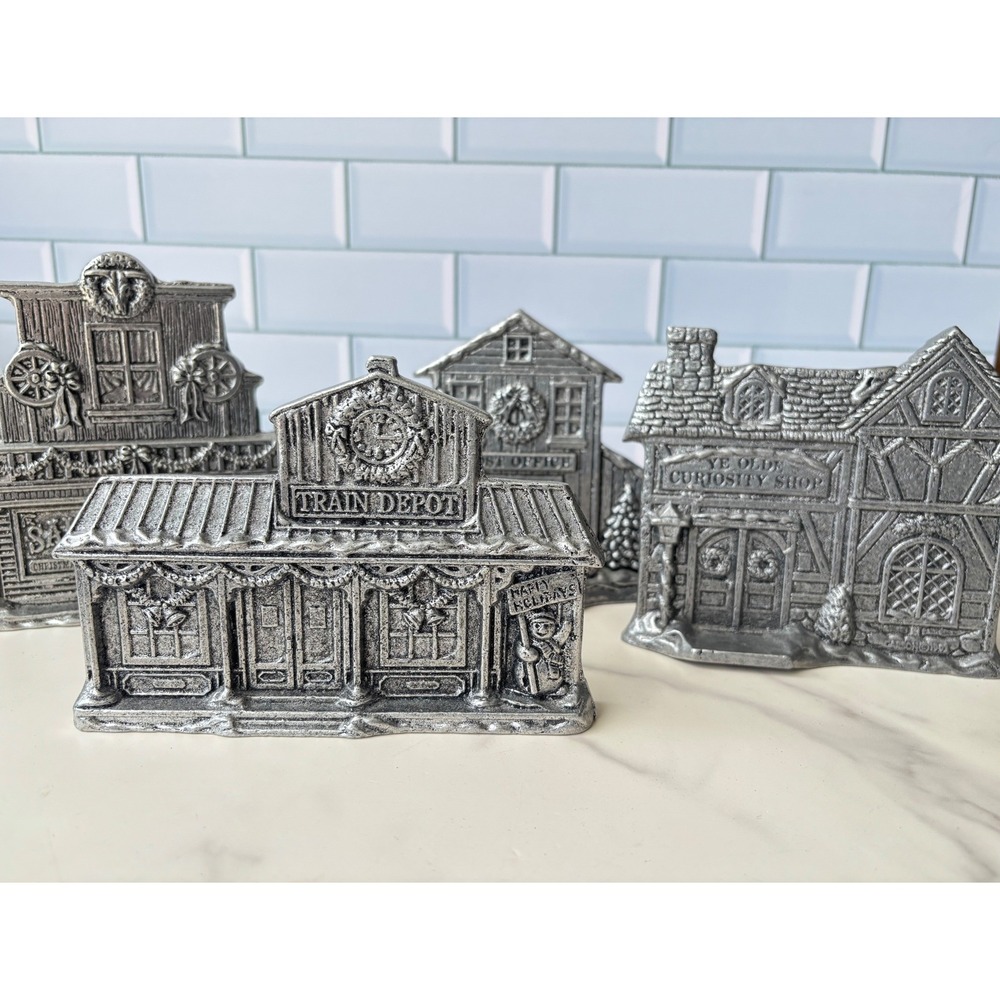Vtg Carson 1991 Statesmetal Christmas Village Set Pewter Reversible 4 Buildings